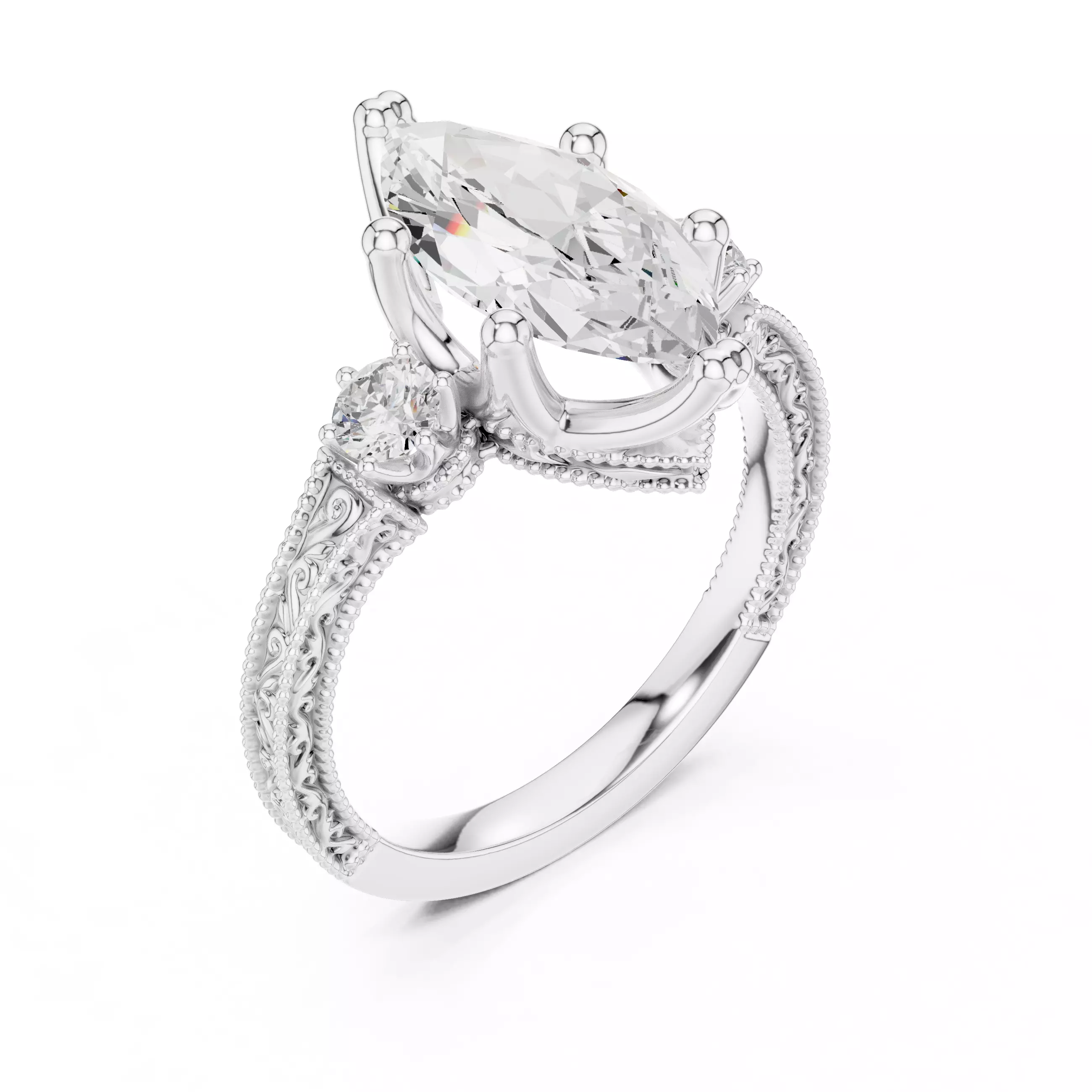 12x6mm Marquise Cut Three Stone Art Deco Ring 3DM STL Video 3D print model_10