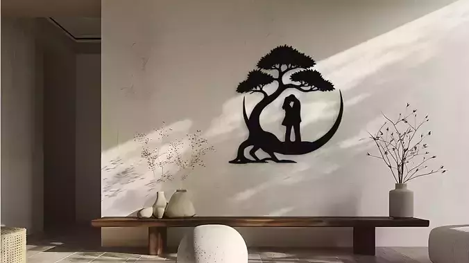 Romantic Tree Silhouette Kissing Couple Wall Art