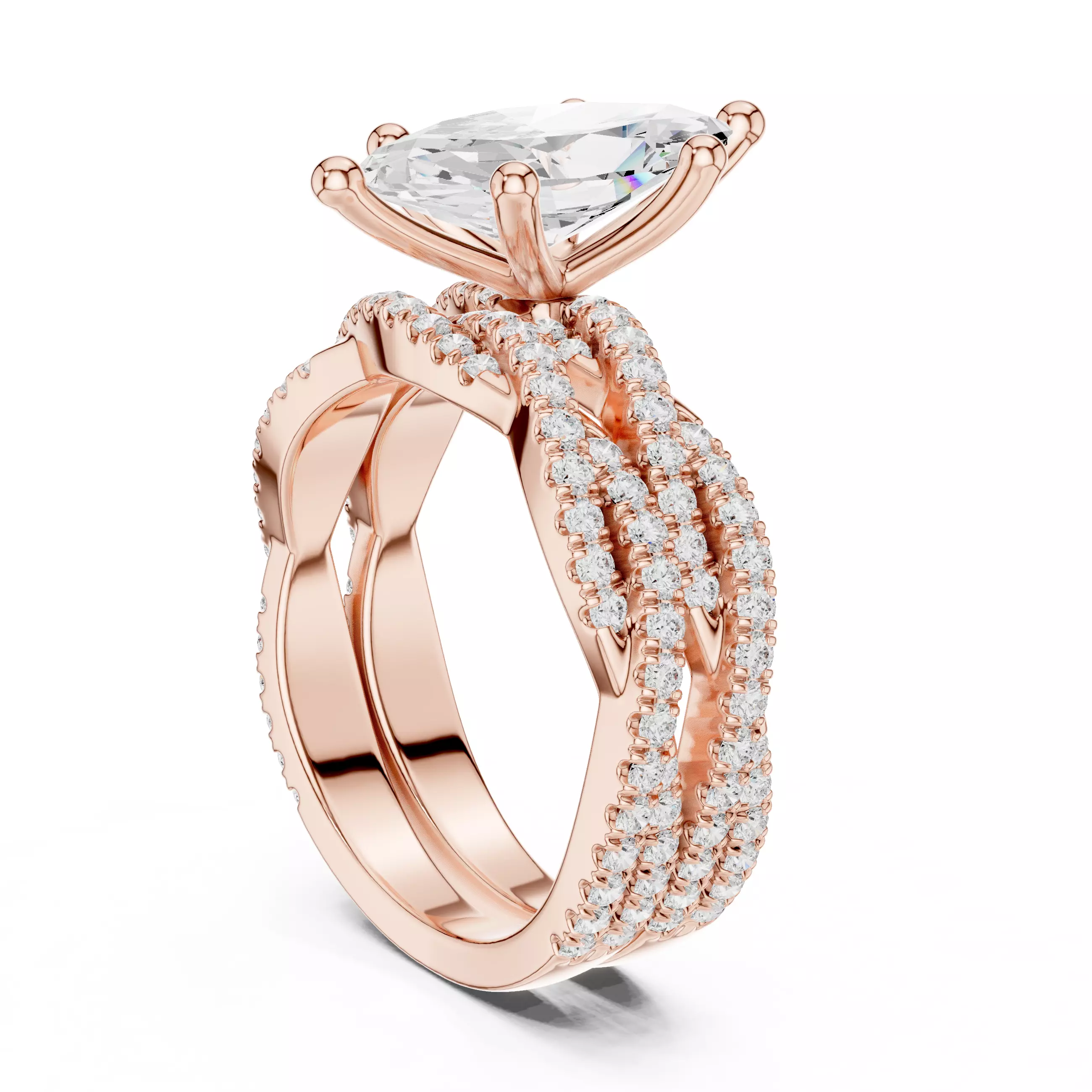 14x7mm Marquise Cut Twisted Shank Wedding Ring Set 3DM STL Video 3D print model_3