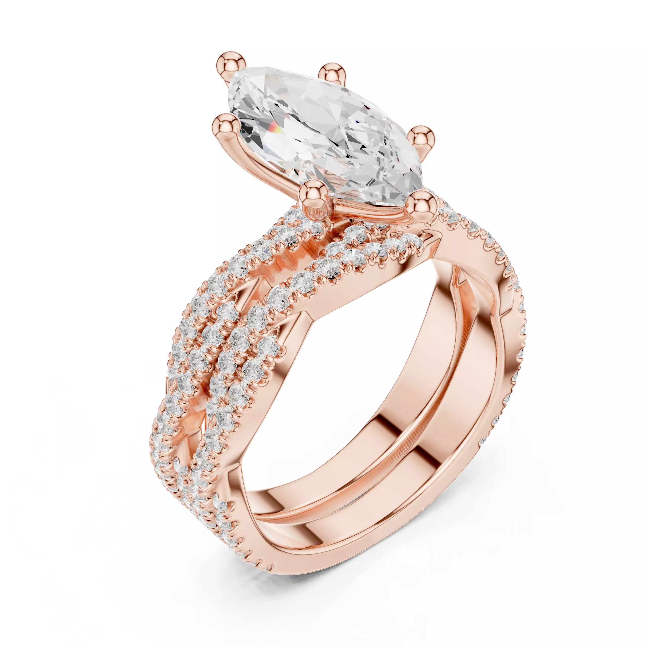 14x7mm Marquise Cut Twisted Shank Wedding Ring Set 3DM STL Video 3D print model_4