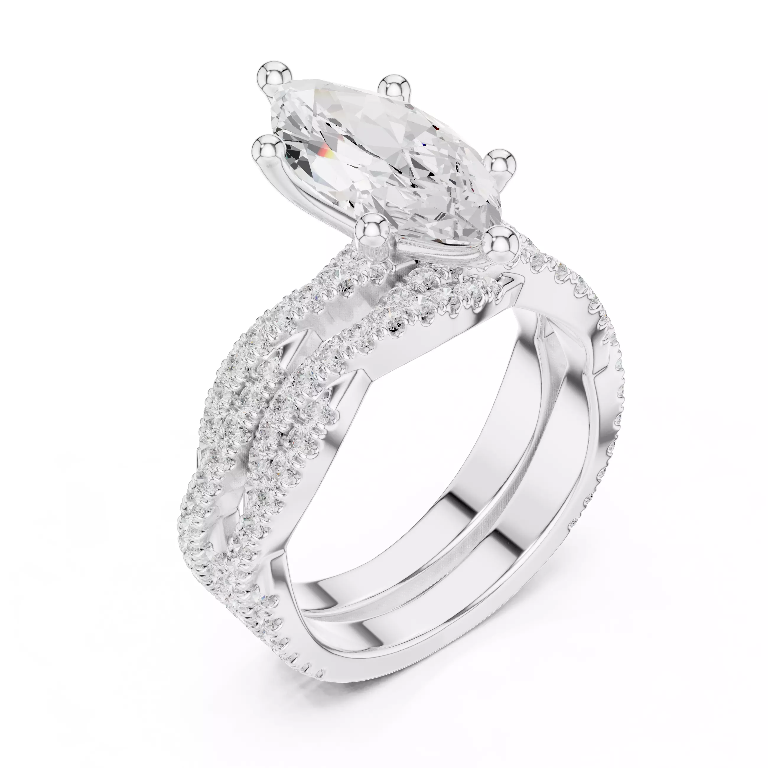 14x7mm Marquise Cut Twisted Shank Wedding Ring Set 3DM STL Video 3D print model_12