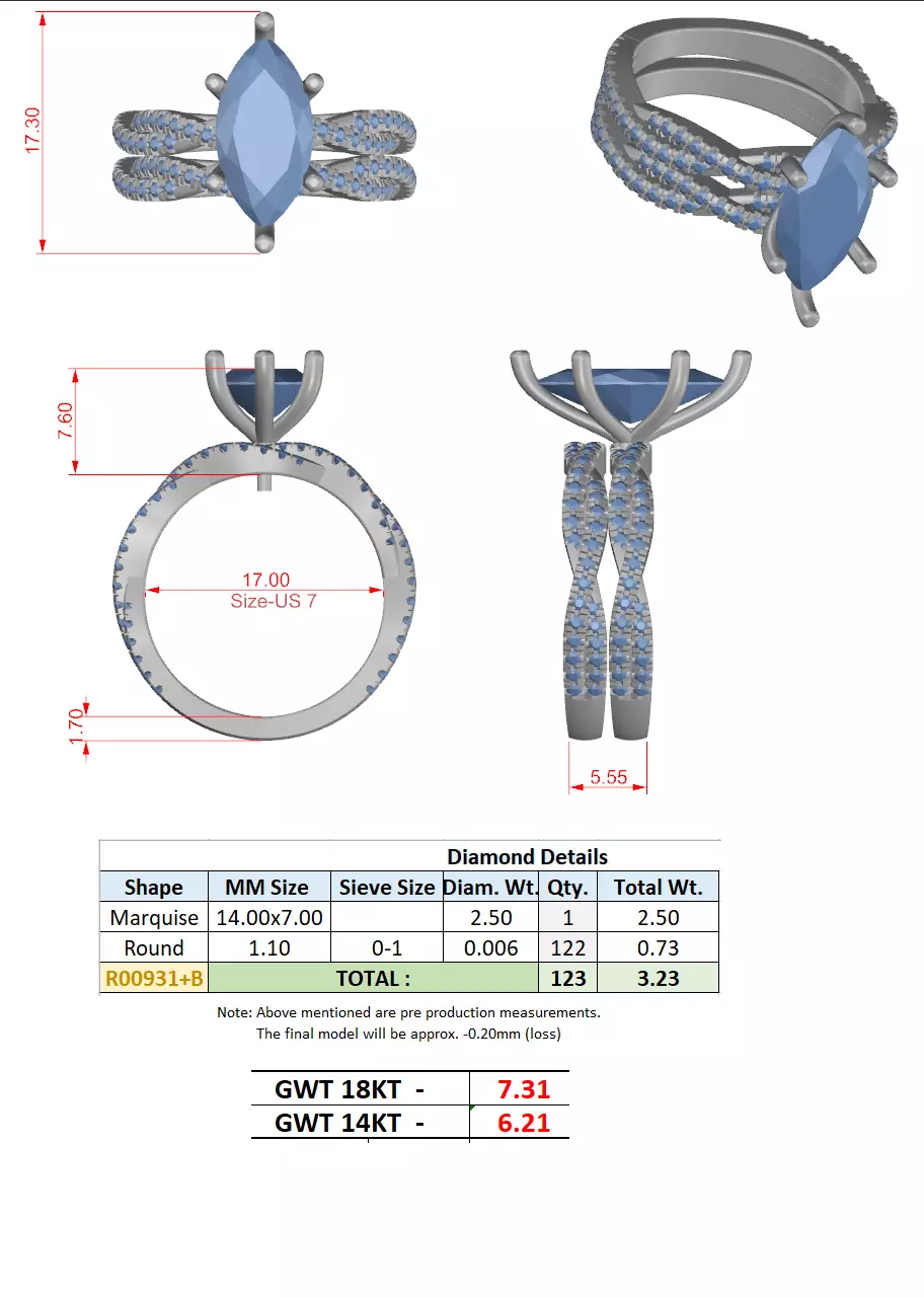 14x7mm Marquise Cut Twisted Shank Wedding Ring Set 3DM STL Video 3D print model_18