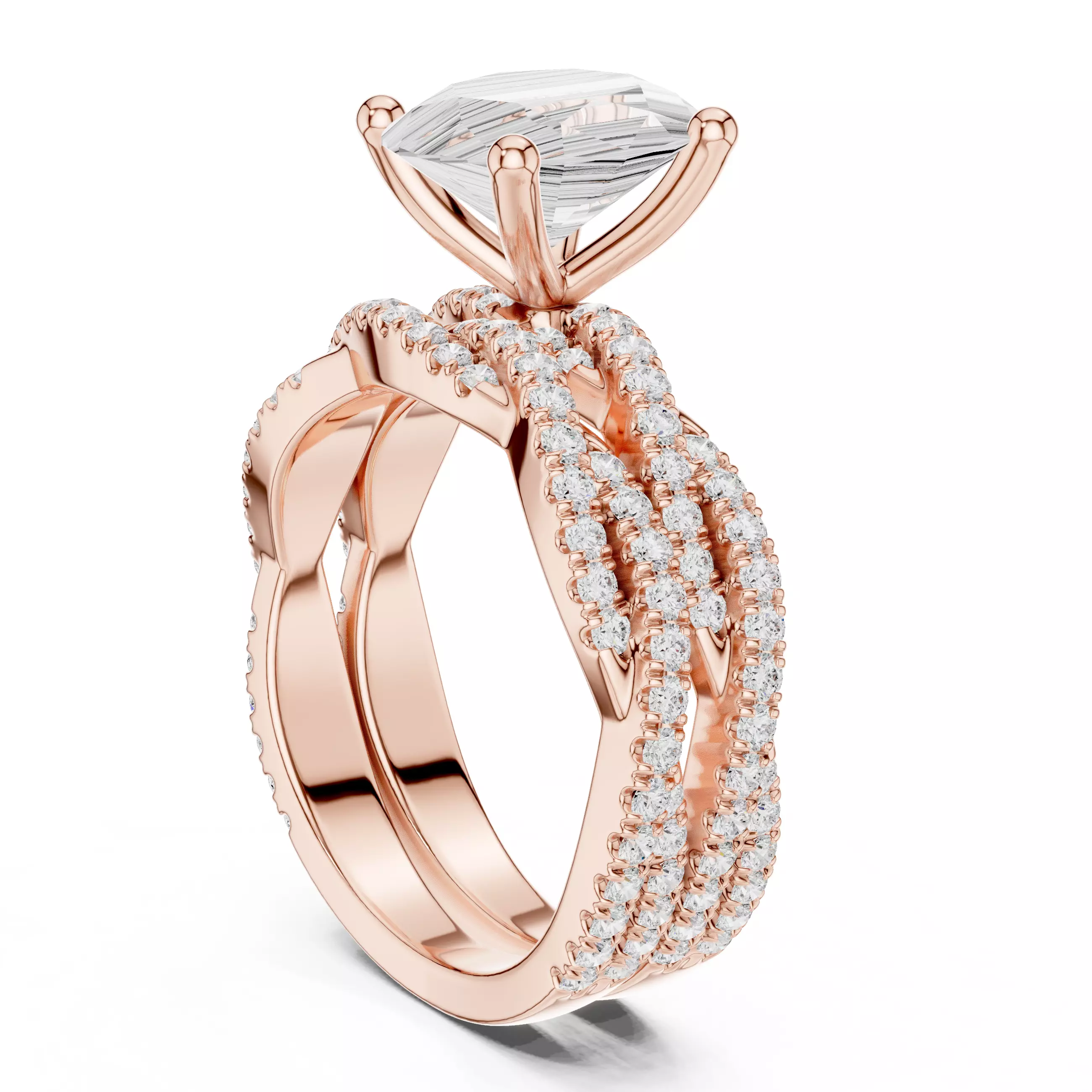 10x8mm Oval Cut Twisted Shank Wedding Ring Set 3DM STL Video 3D print model_3