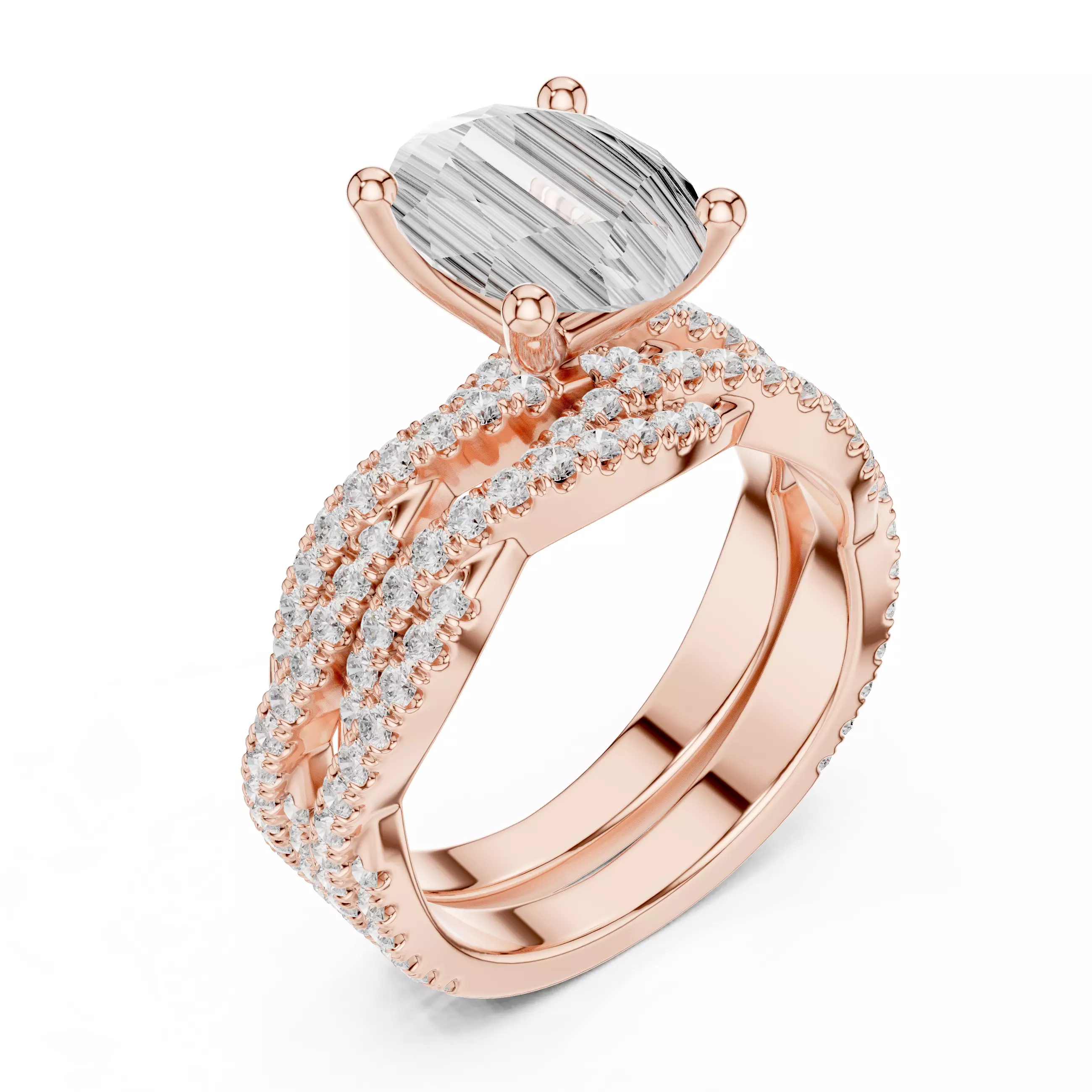 10x8mm Oval Cut Twisted Shank Wedding Ring Set 3DM STL Video 3D print model_4