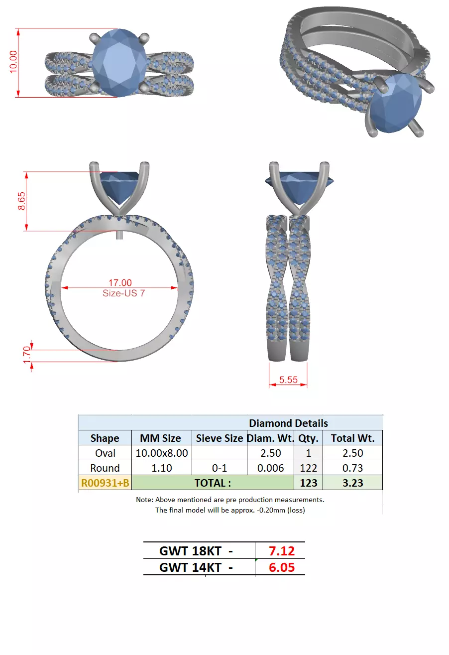 10x8mm Oval Cut Twisted Shank Wedding Ring Set 3DM STL Video 3D print model_18