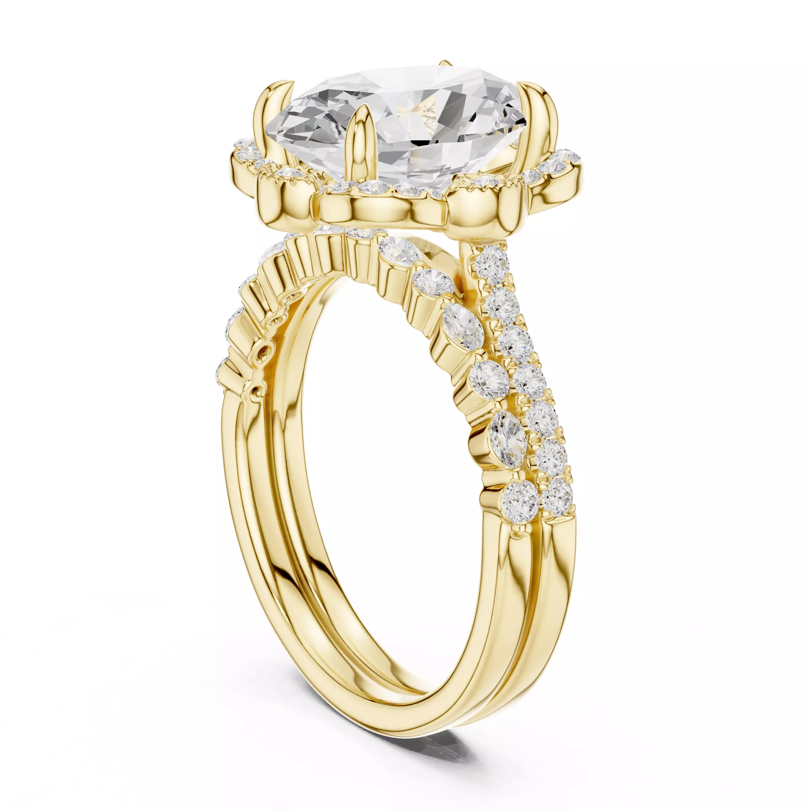 12x8mm Oval Cut Diamond Art Deco Wedding Ring Set 3DM STL Video 3D print model_6