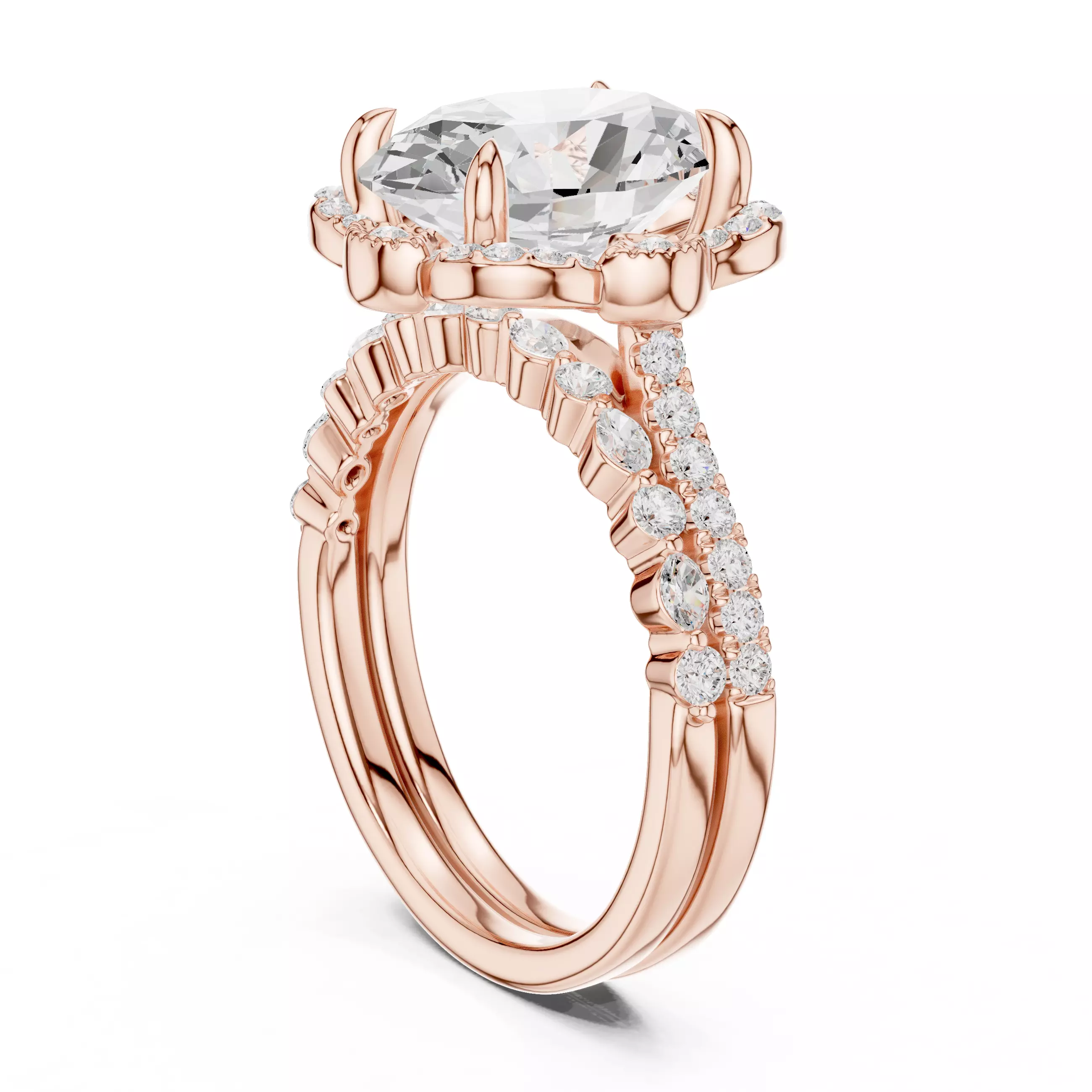 12x8mm Oval Cut Diamond Art Deco Wedding Ring Set 3DM STL Video 3D print model_3