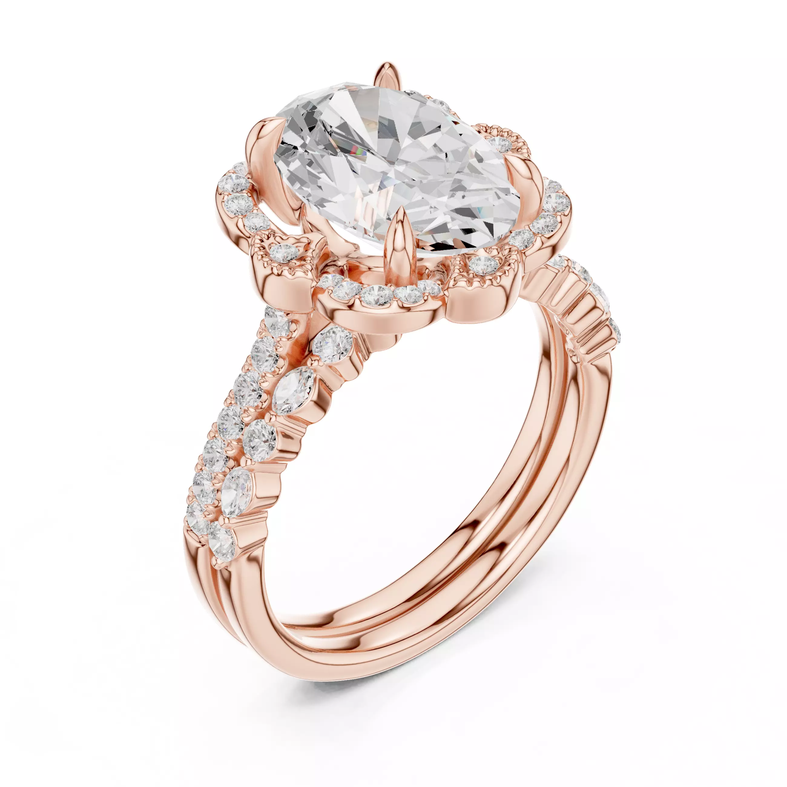 12x8mm Oval Cut Diamond Art Deco Wedding Ring Set 3DM STL Video 3D print model_4