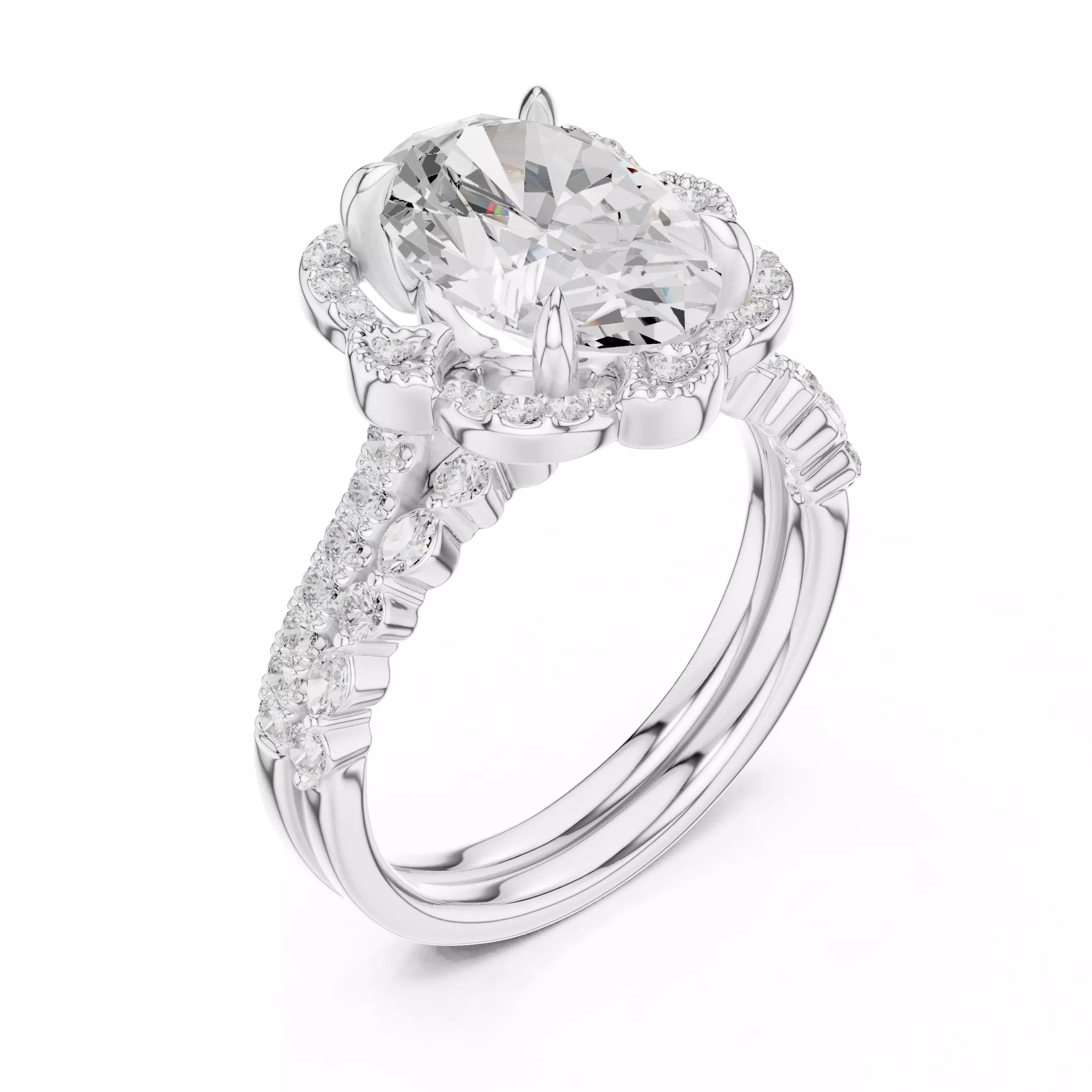 12x8mm Oval Cut Diamond Art Deco Wedding Ring Set 3DM STL Video 3D print model_10