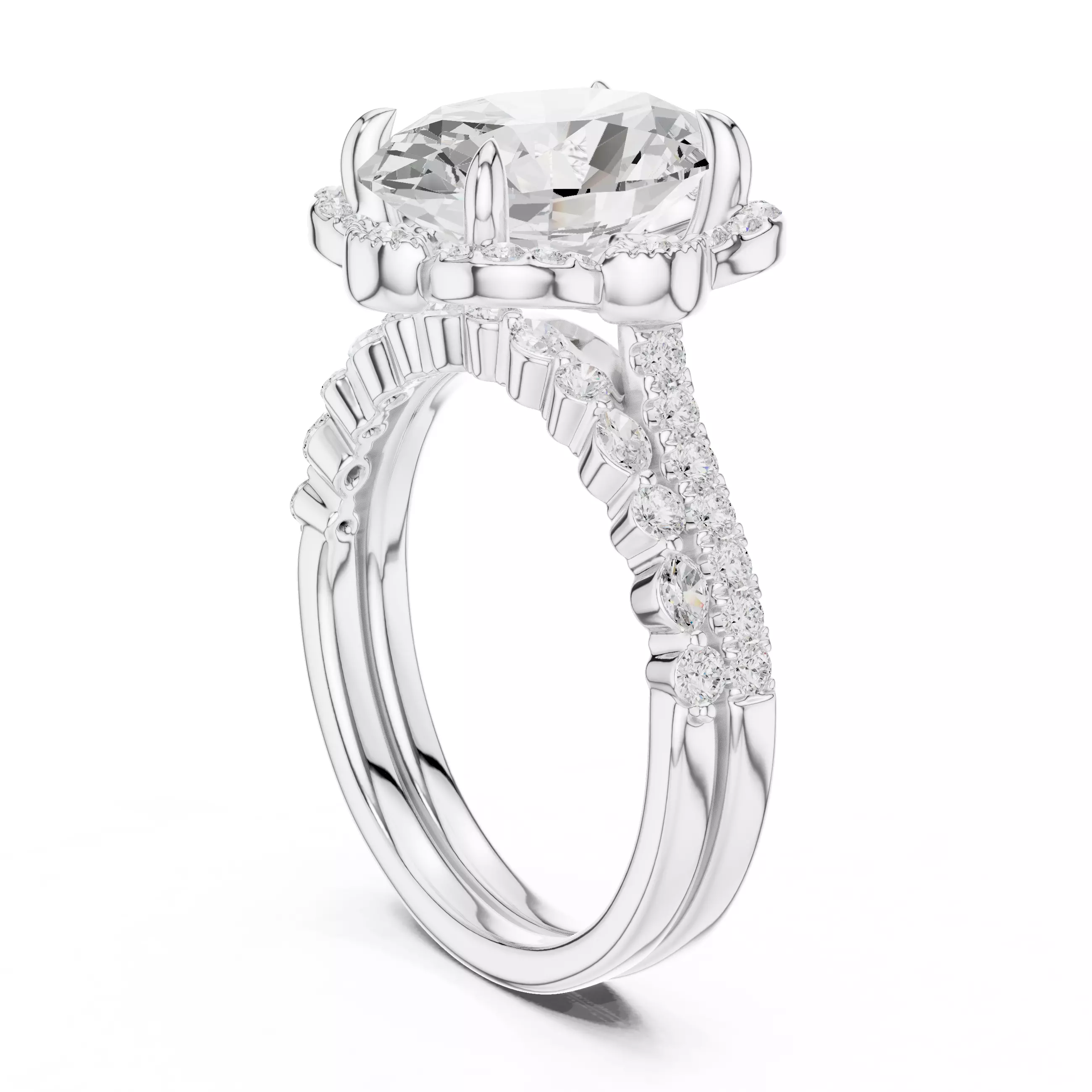 12x8mm Oval Cut Diamond Art Deco Wedding Ring Set 3DM STL Video 3D print model_9