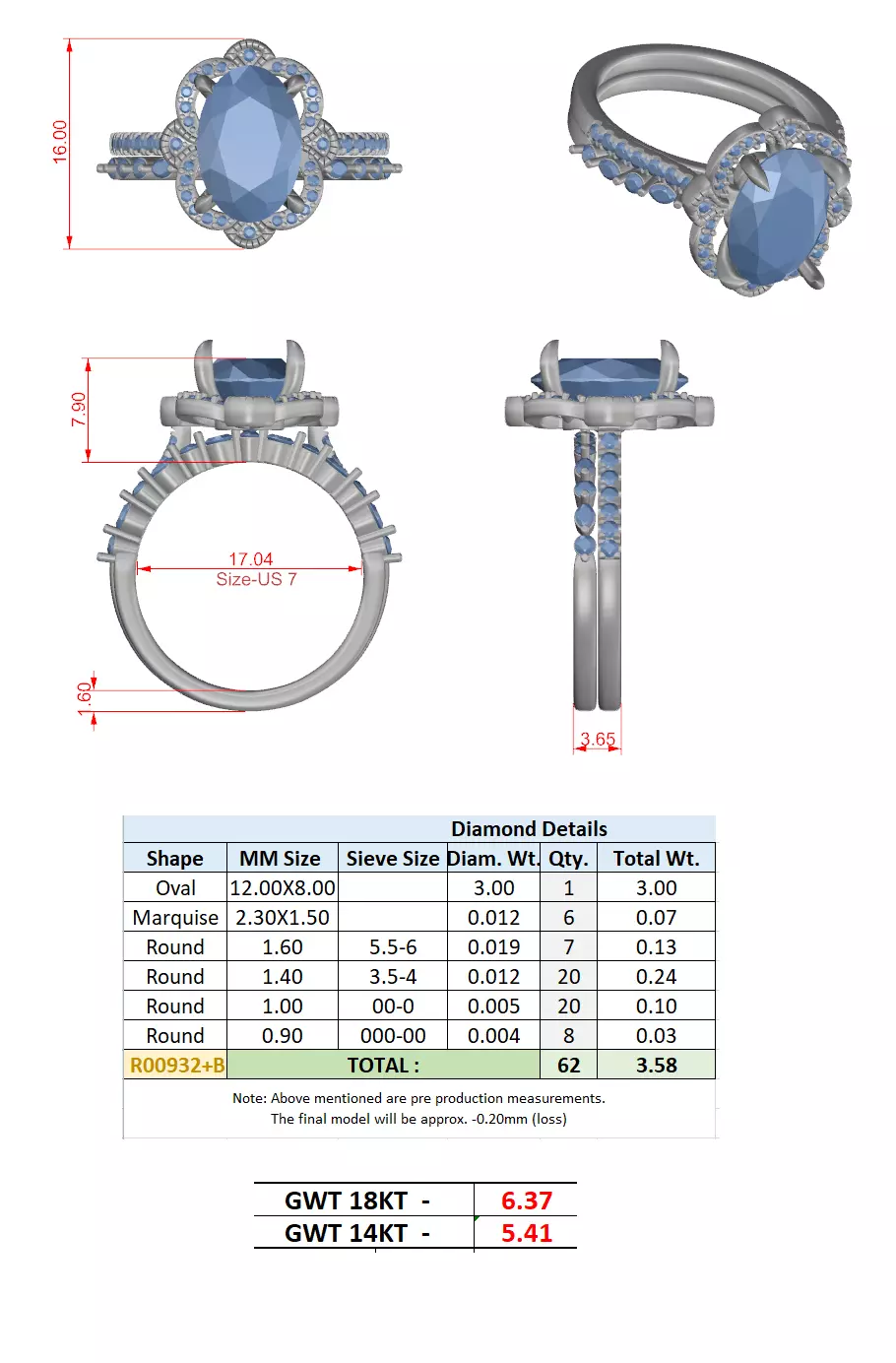 12x8mm Oval Cut Diamond Art Deco Wedding Ring Set 3DM STL Video 3D print model_15
