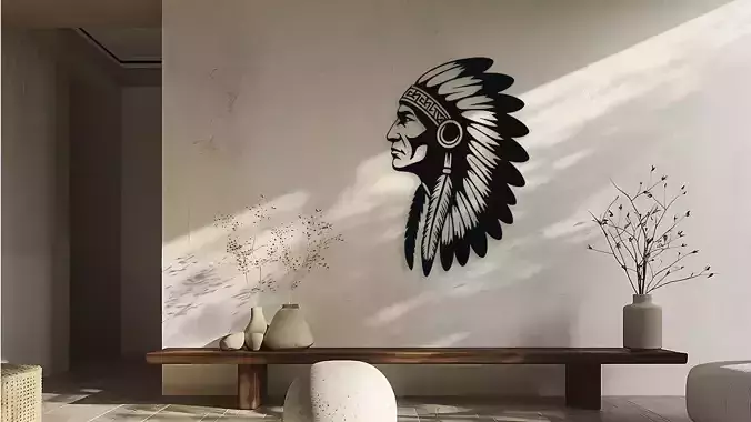 Native American Chief Head Headdress Wall Decor Art Vector