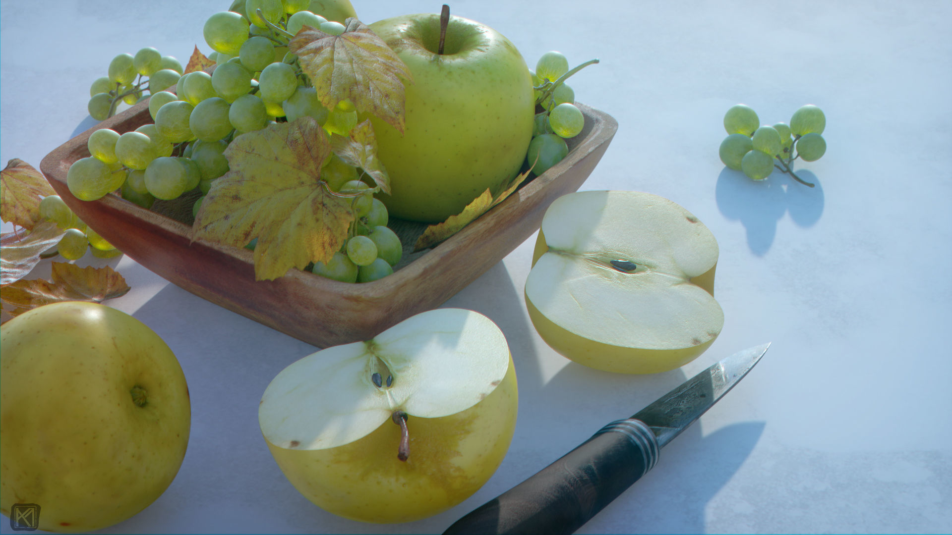 Fruit Bowl - Grapes Leaves Apples Cut Damast Knife Low-poly 3D model_11