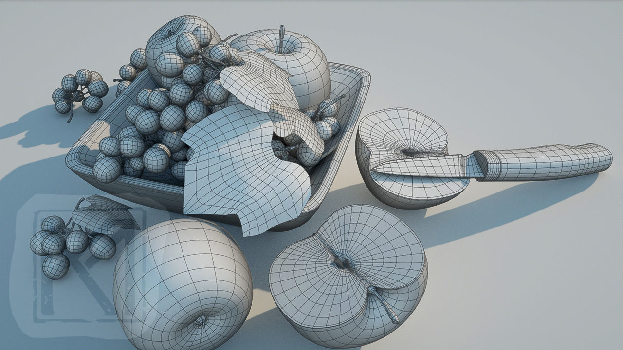 Fruit Bowl - Grapes Leaves Apples Cut Damast Knife Low-poly 3D model_7