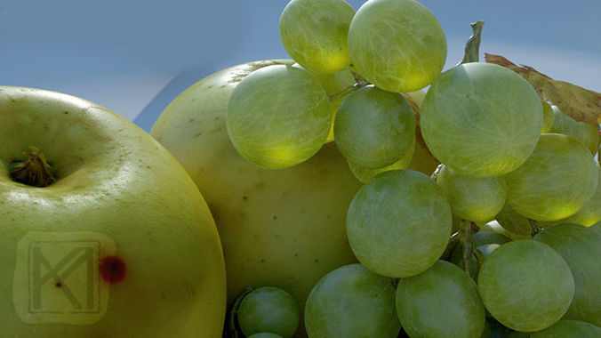 Fruit Bowl - Grapes Leaves Apples Cut Damast Knife Low-poly 3D model 3