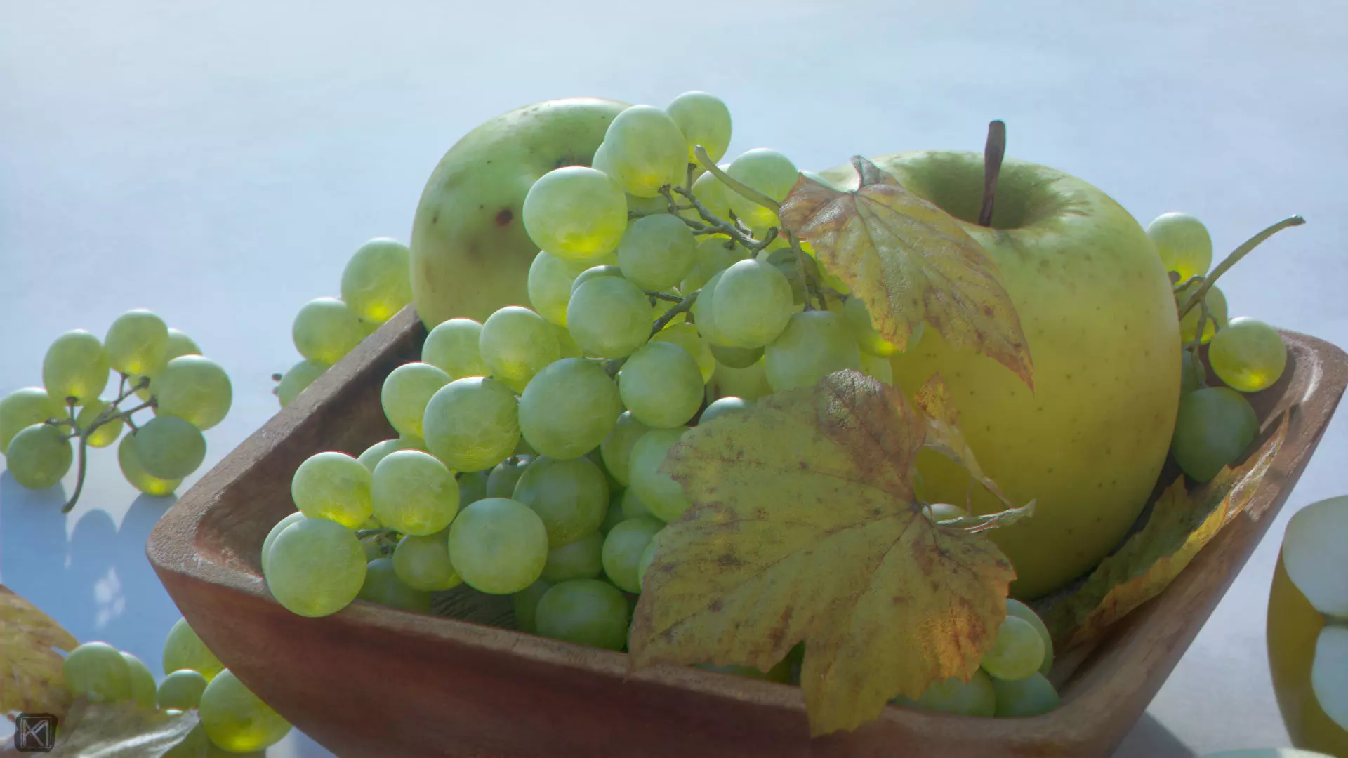 Fruit Bowl - Grapes Leaves Apples Cut Damast Knife Low-poly 3D model_0