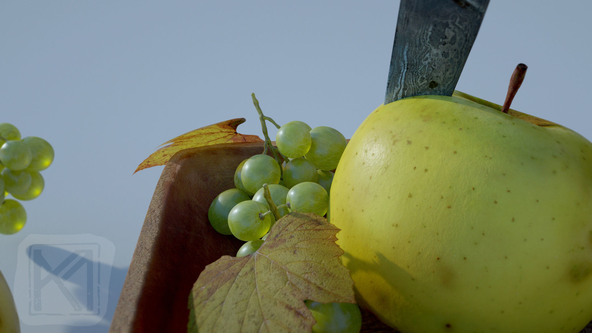 Fruit Bowl - Grapes Leaves Apples Cut Damast Knife Low-poly 3D model_5
