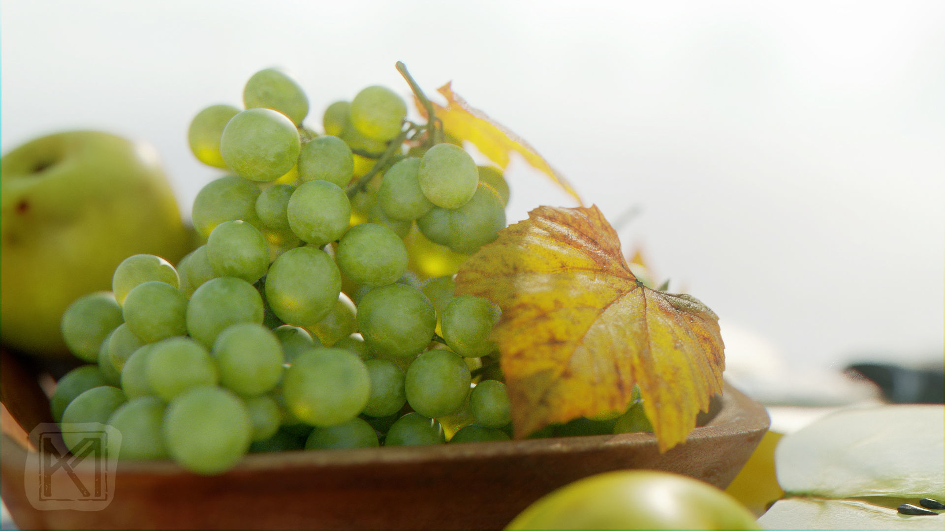Fruit Bowl - Grapes Leaves Apples Cut Damast Knife Low-poly 3D model_8