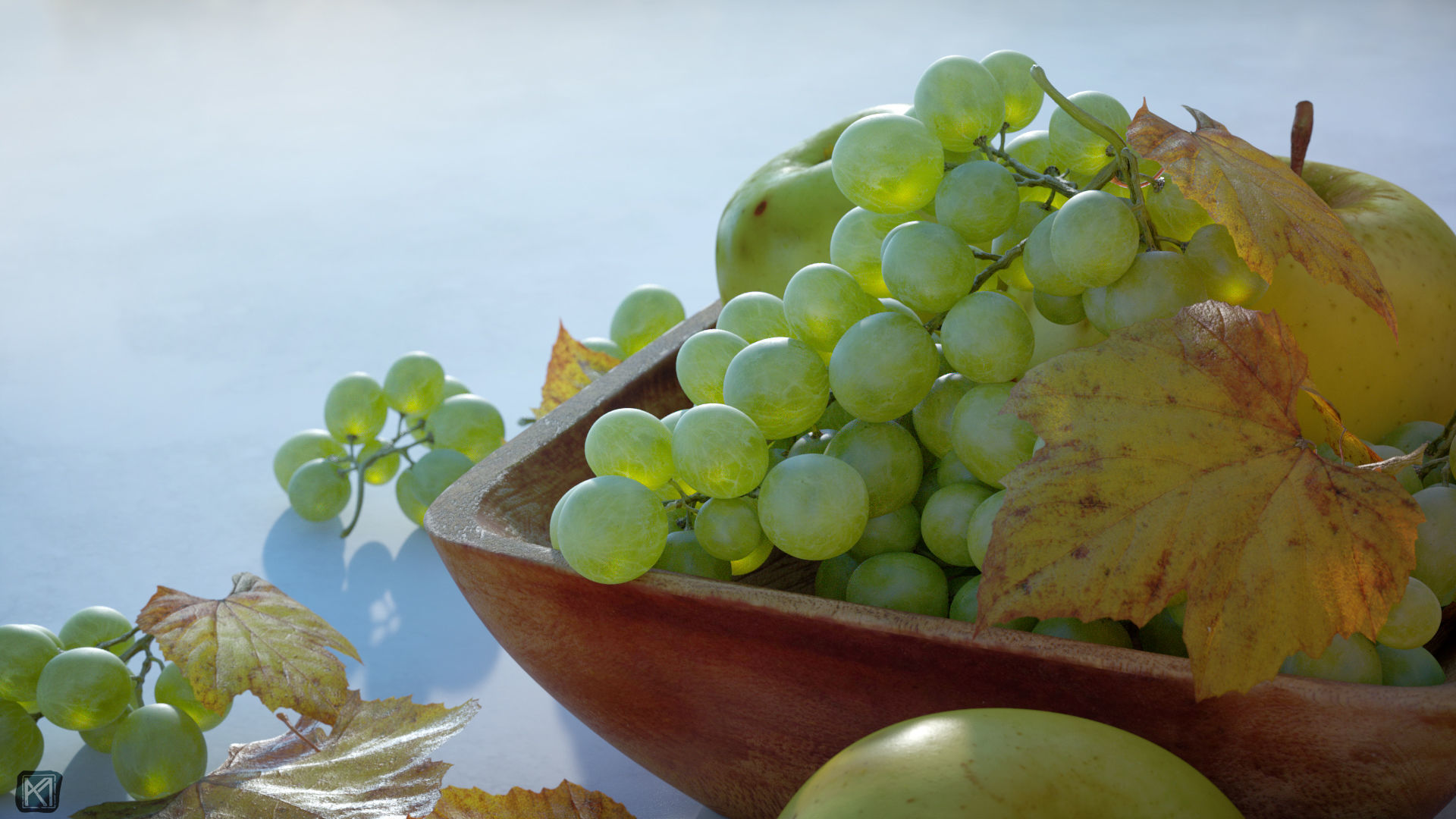 Fruit Bowl - Grapes Leaves Apples Cut Damast Knife Low-poly 3D model_15