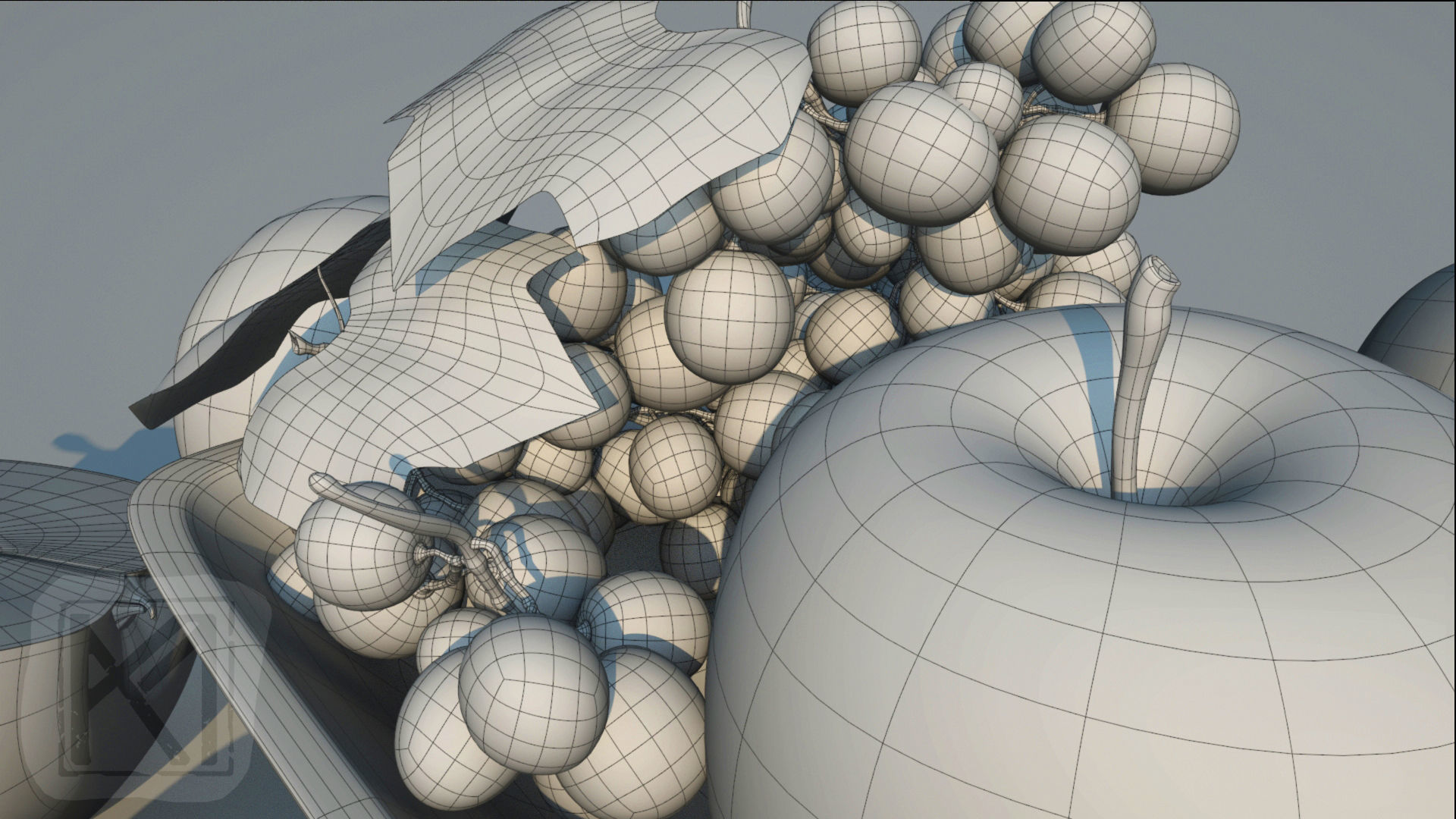 Fruit Bowl - Grapes Leaves Apples Cut Damast Knife Low-poly 3D model_10