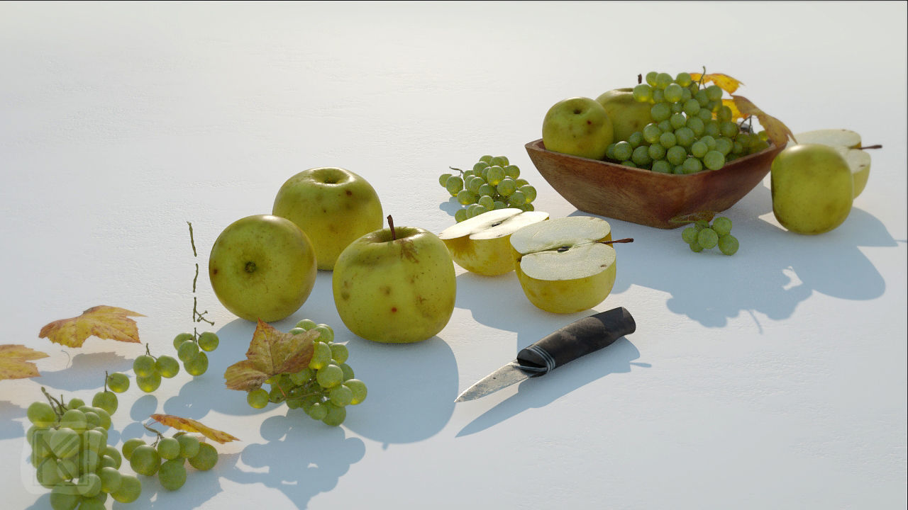 Fruit Bowl - Grapes Leaves Apples Cut Damast Knife Low-poly 3D model_2
