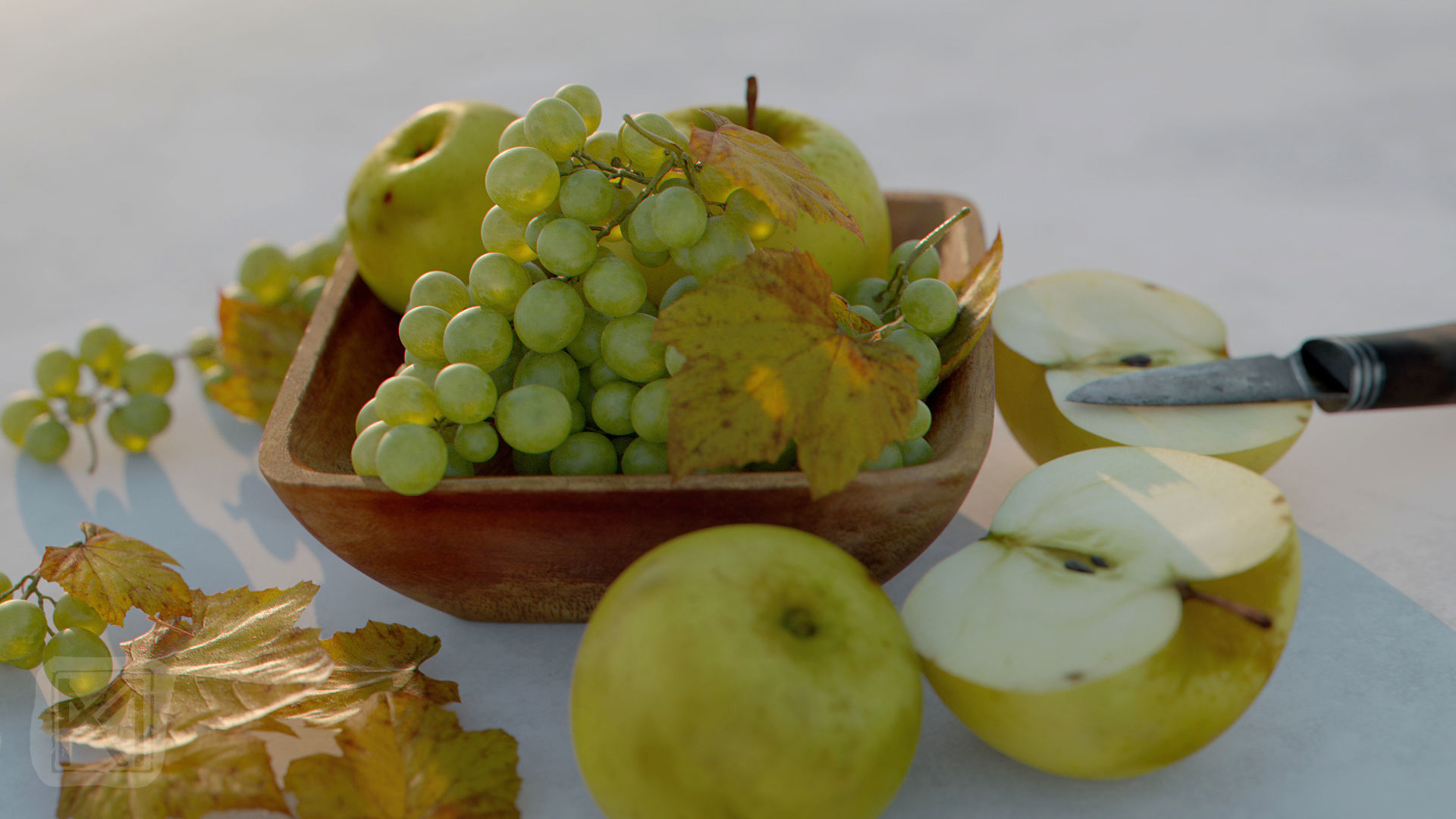 Fruit Bowl - Grapes Leaves Apples Cut Damast Knife Low-poly 3D model_6