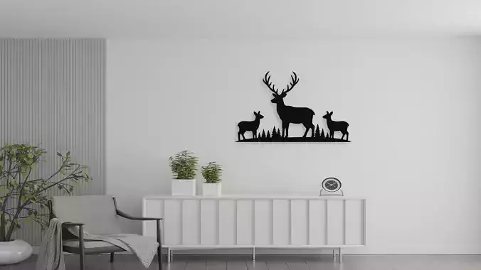 Deer Family Forest Silhouette Wall Decor Art