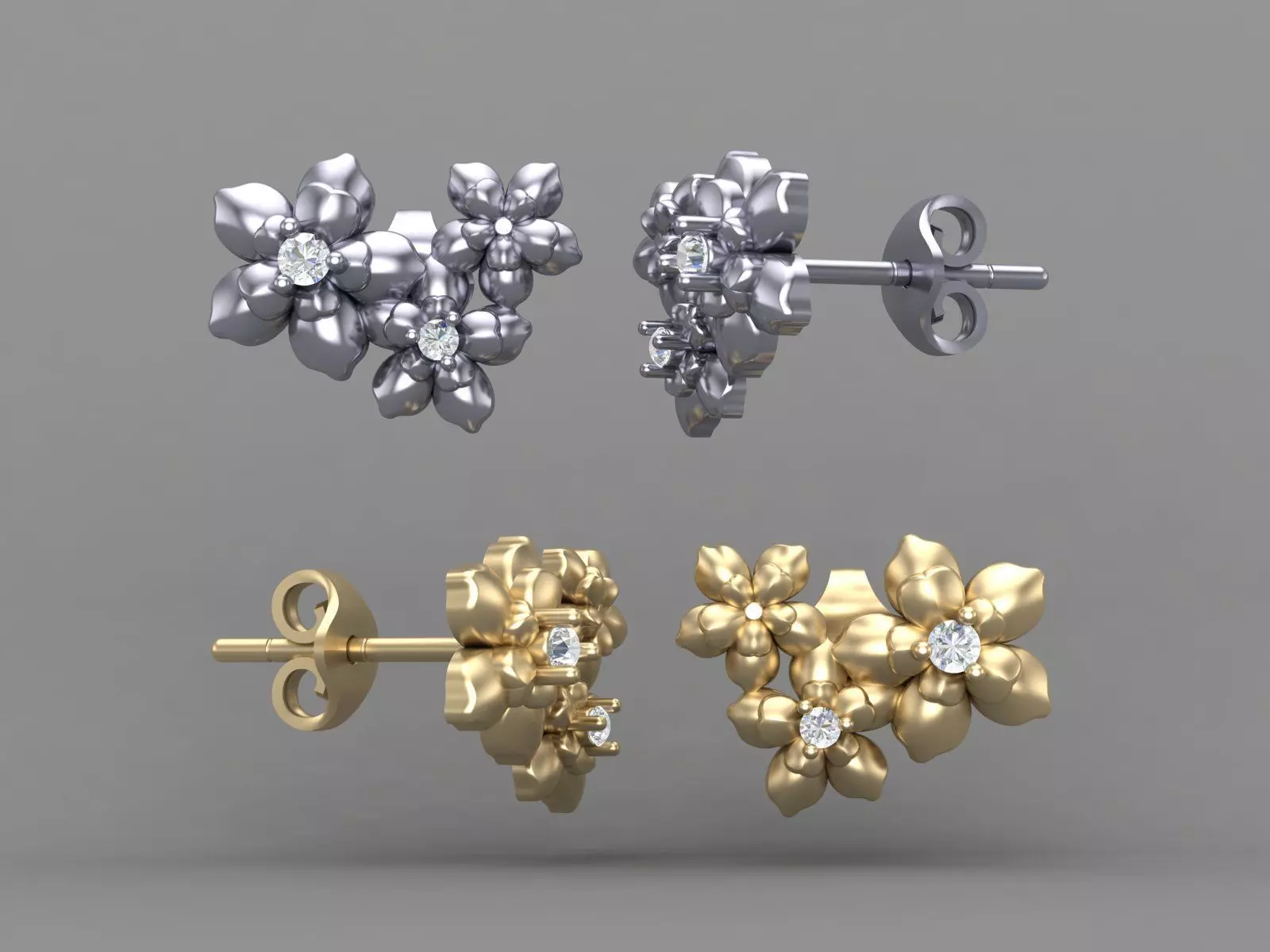 Flower Cluster Diamond Stud Earrings Design Model for Printing 3D print model_1