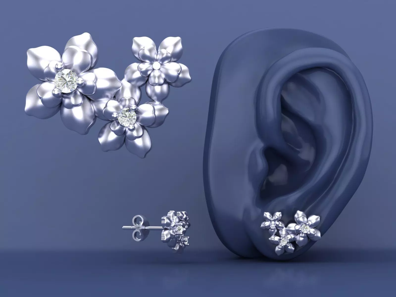 Flower Cluster Diamond Stud Earrings Design Model for Printing 3D print model_2
