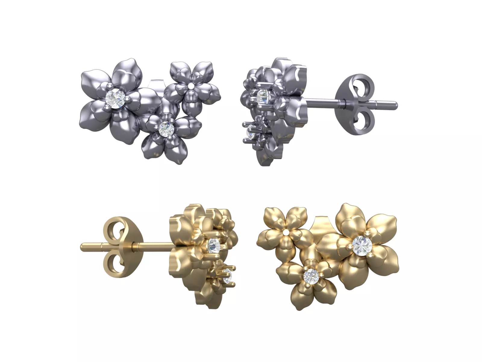 Flower Cluster Diamond Stud Earrings Design Model for Printing 3D print model_18