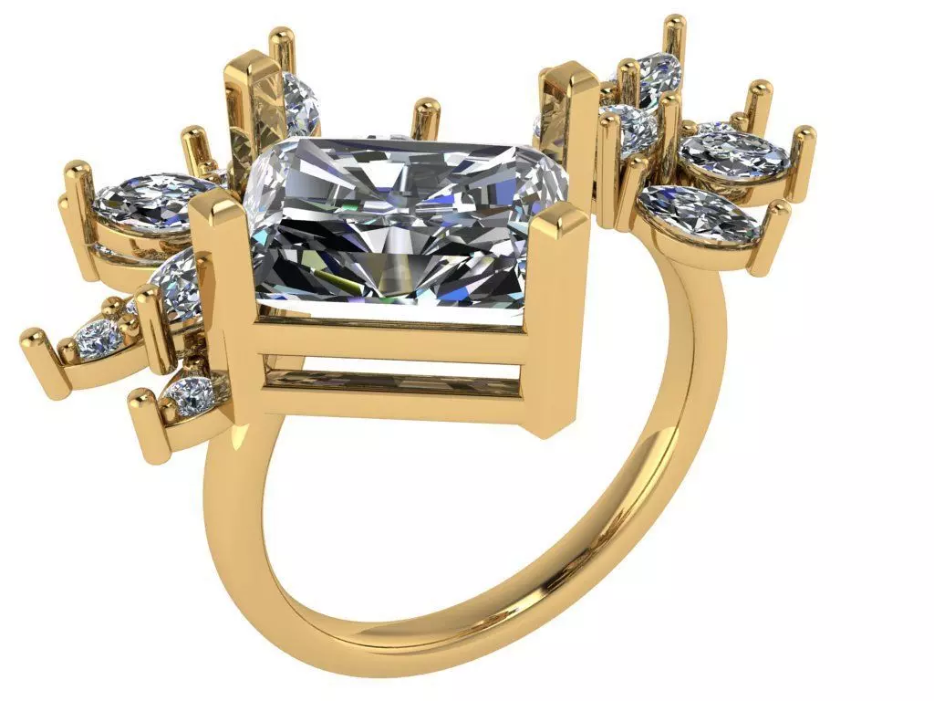 flower shape open concept with elongated radiant luxury ring 3D print model_0