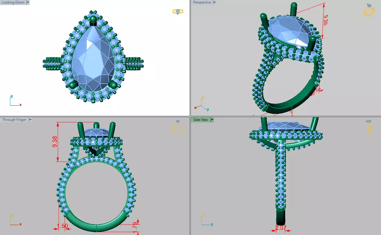 full pave pear shape halo ring with diamonds around the shank 3D print model_4