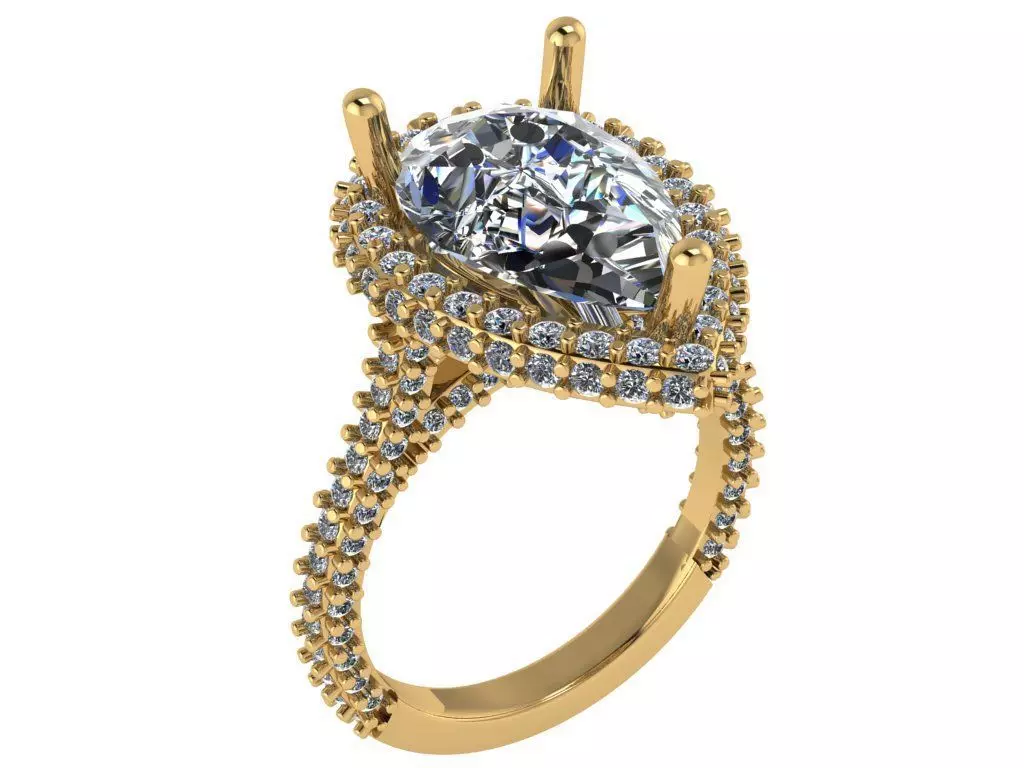 full pave pear shape halo ring with diamonds around the shank 3D print model_0