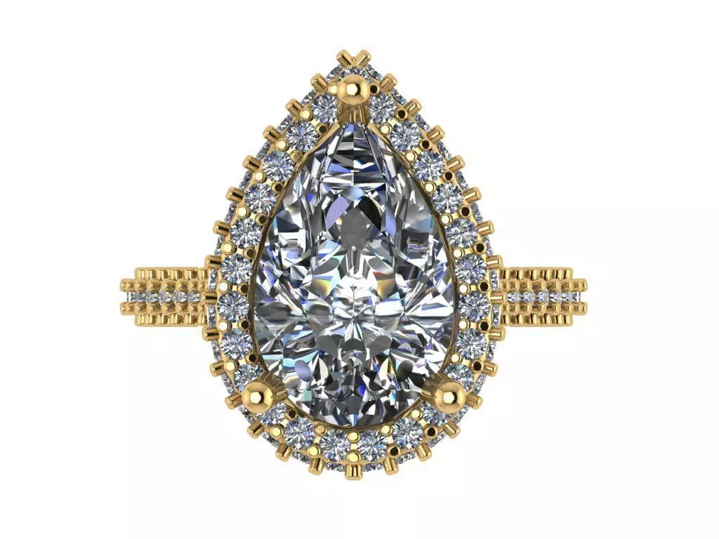 full pave pear shape halo ring with diamonds around the shank 3D print model_2