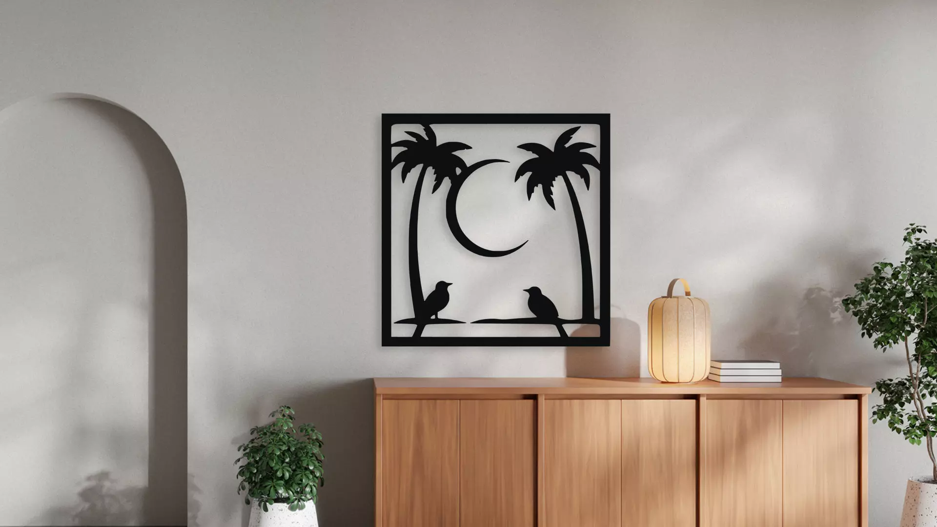 Tropical Palm Trees Birds Moon Silhouette Wall Art 3D model_2