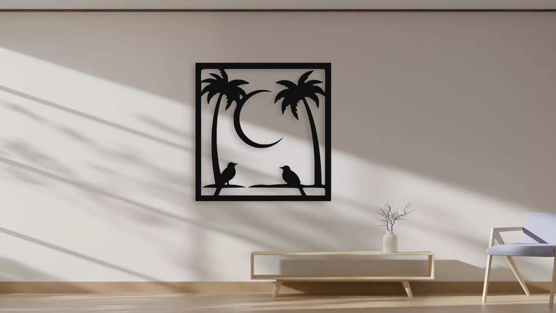 Tropical Palm Trees Birds Moon Silhouette Wall Art 3D model_4