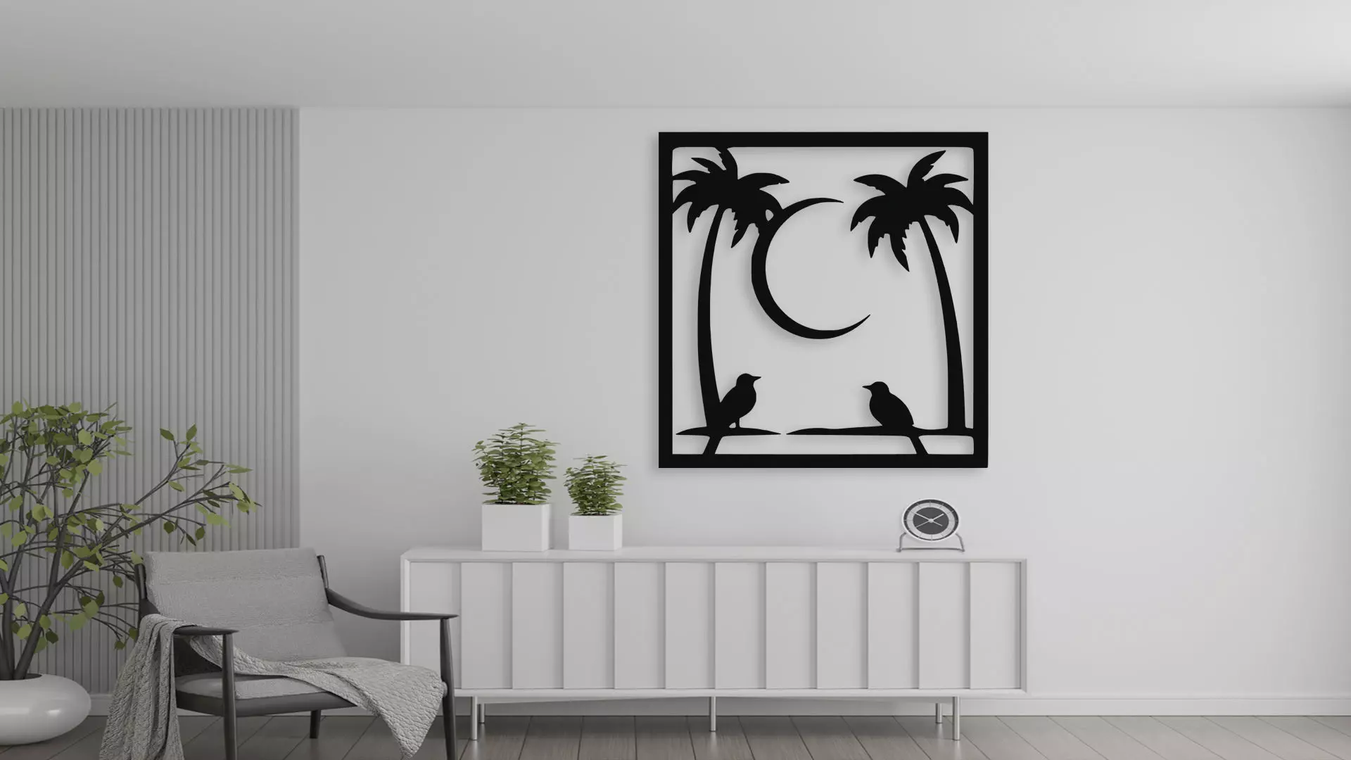 Tropical Palm Trees Birds Moon Silhouette Wall Art 3D model_5