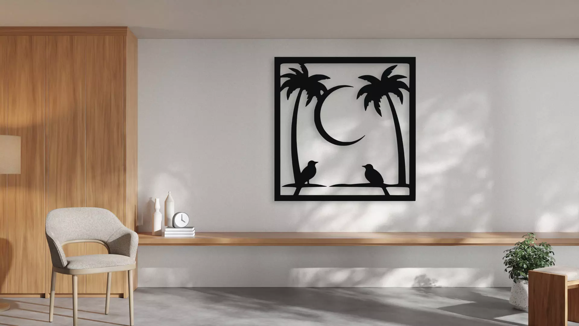 Tropical Palm Trees Birds Moon Silhouette Wall Art 3D model_1