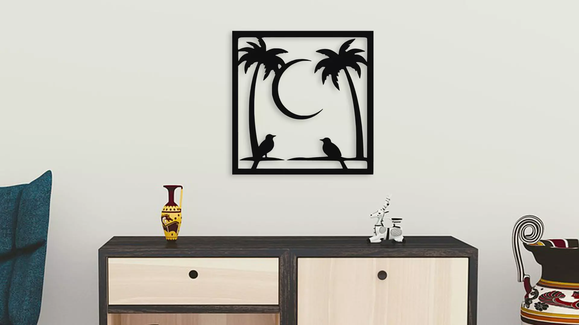 Tropical Palm Trees Birds Moon Silhouette Wall Art 3D model_3