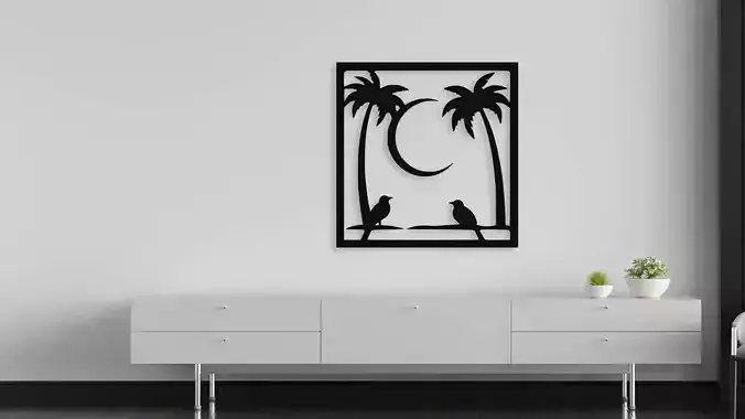 Tropical Palm Trees Birds Moon Silhouette Wall Art