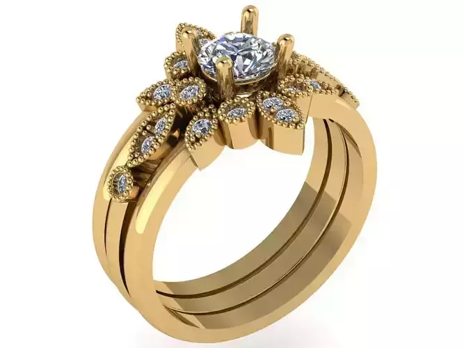 Marquise round solitaire with jacket matching bands 