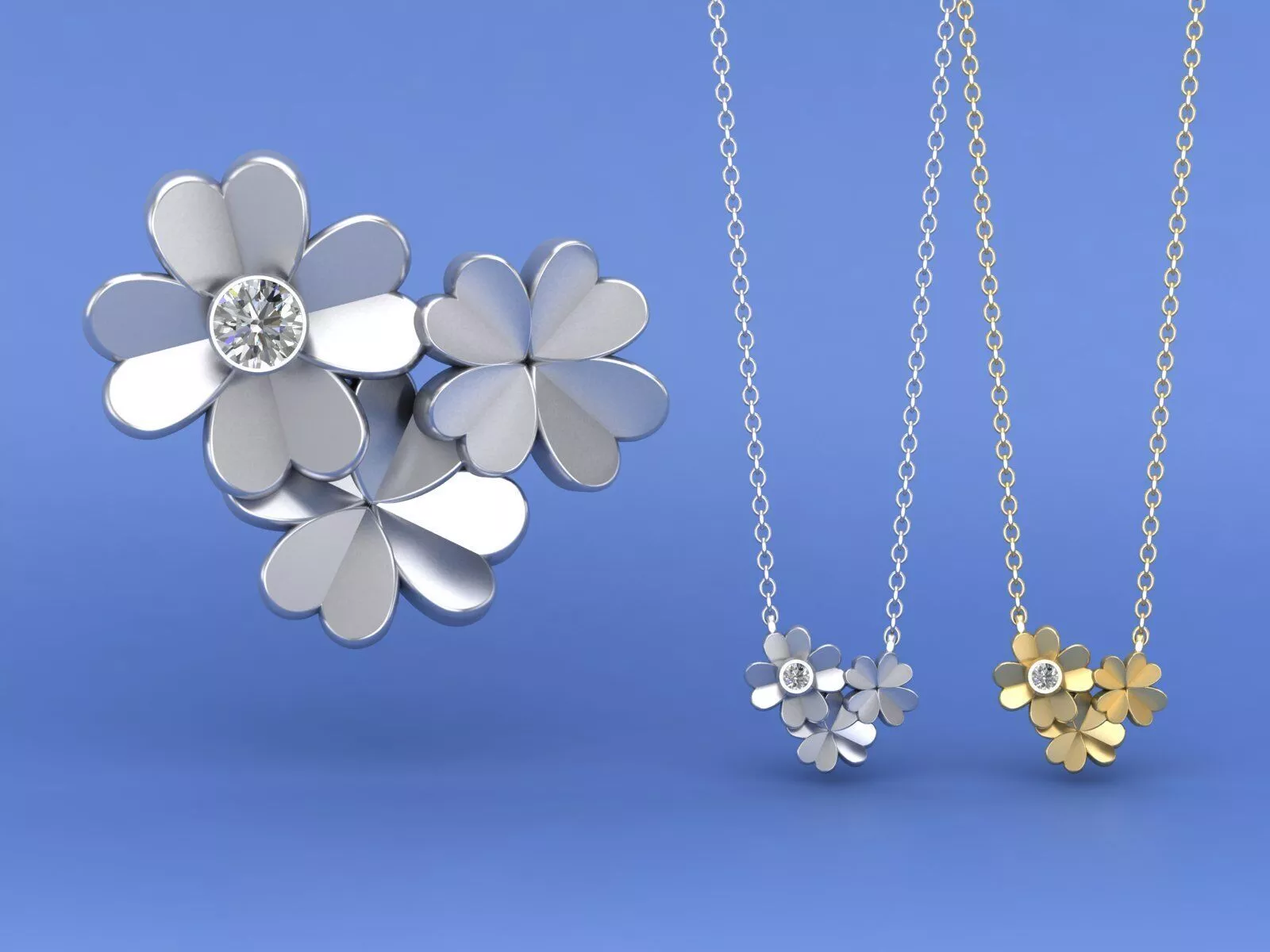 Cluster of Four-Leaf Clovers Diamond Pendant Necklace Jewelry 3D print model