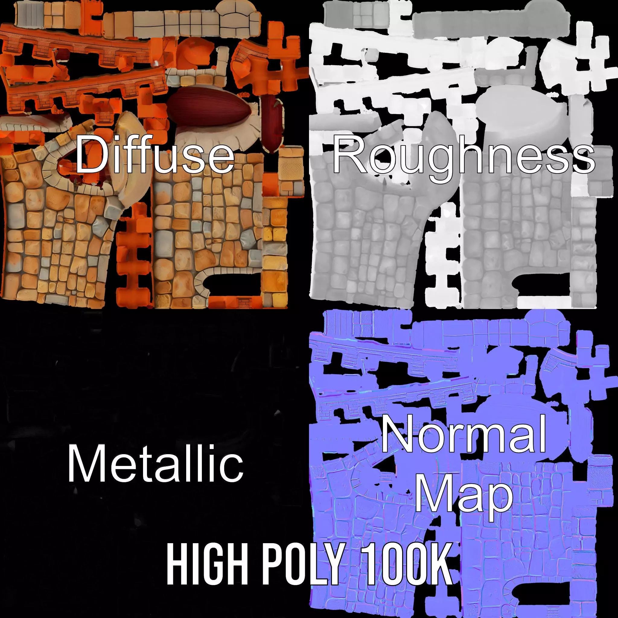 Medieval Stone Wall model pack Low-poly 3D model_3