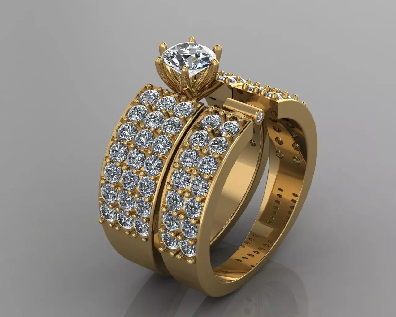 Bridal Set Three Row Engagement Ring 3D print model_0