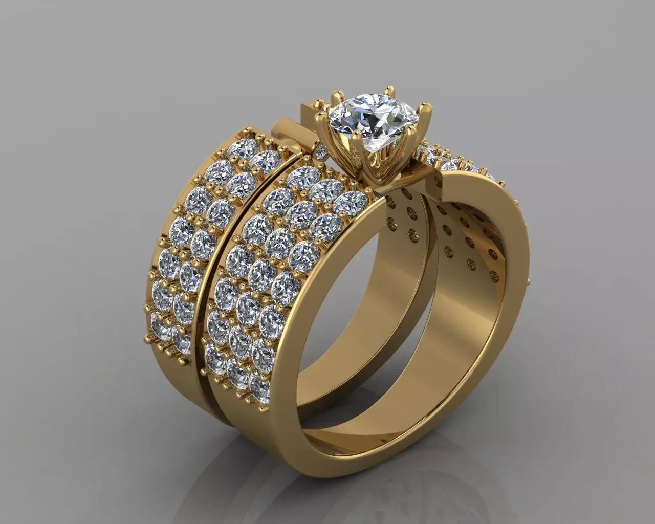 Bridal Set Three Row Engagement Ring 3D print model_2