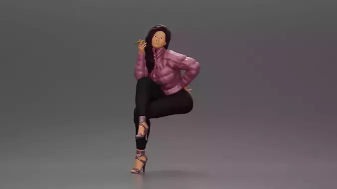 Stylish woman sitting in purple jacket posing with a cigarette