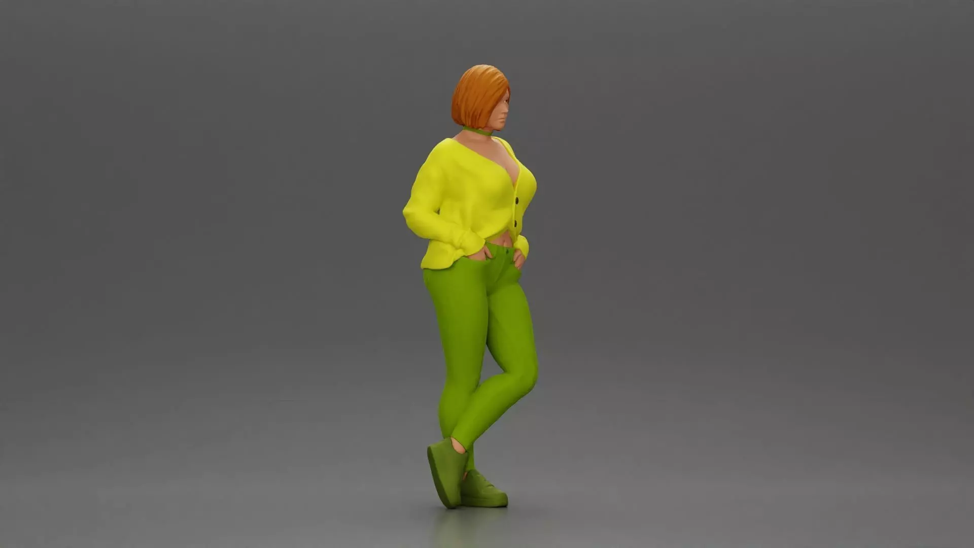 Confident woman leaning slightly with her hands in pockets 3D print model_1