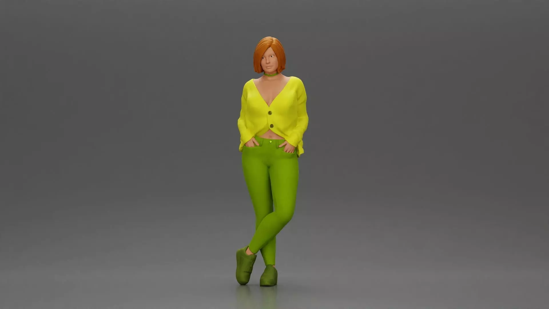 Confident woman leaning slightly with her hands in pockets 3D print model_0