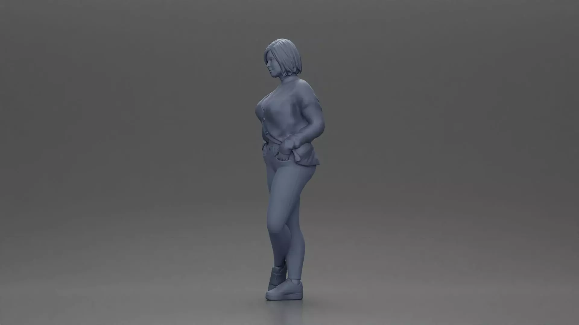 Confident woman leaning slightly with her hands in pockets 3D print model_11