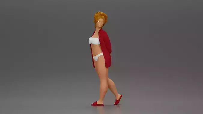 Chic woman in a red shirt and white bikini confidently walking